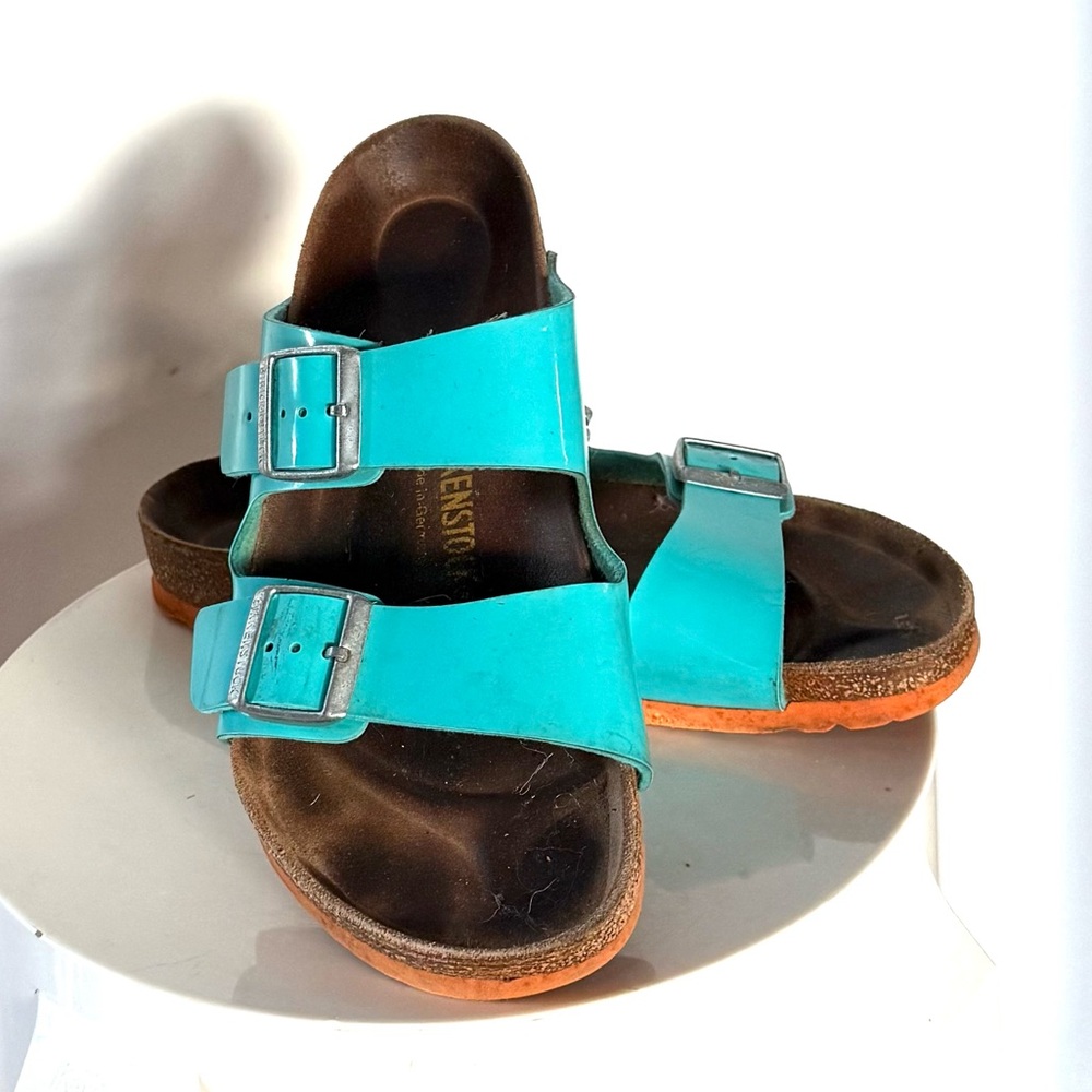 Birkenstock Arizona Birko-Flor Turquoise with Orange Women’s Sandals 40 wide